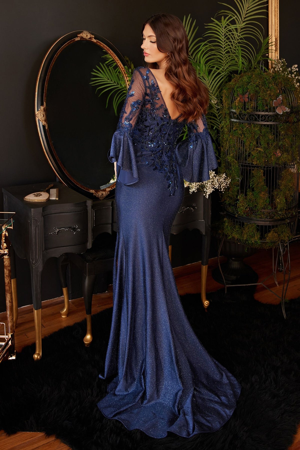 Long Bell Sleeve Lace & Satin Evening Gown