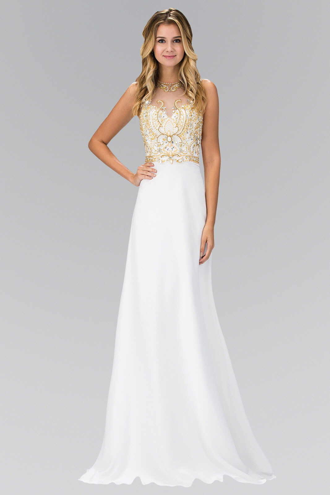 Jewel & Bead Embellished Long Formal Dress with Back Cut-Out