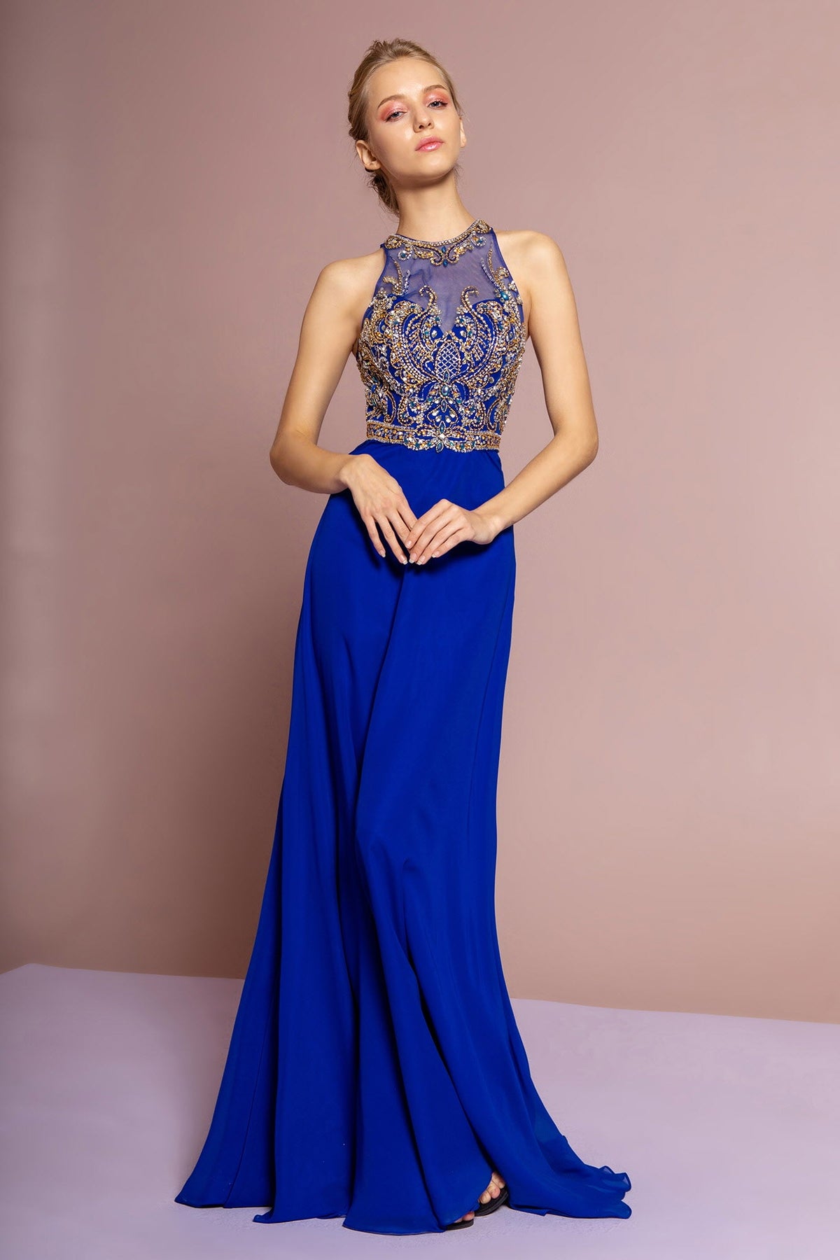 Jewel & Bead Embellished Long Formal Dress with Back Cut-Out