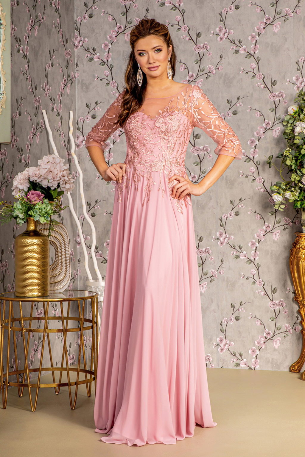 Bead Embroidery Chiffon A-Line Gown – Sheer Neckline & V-Back
