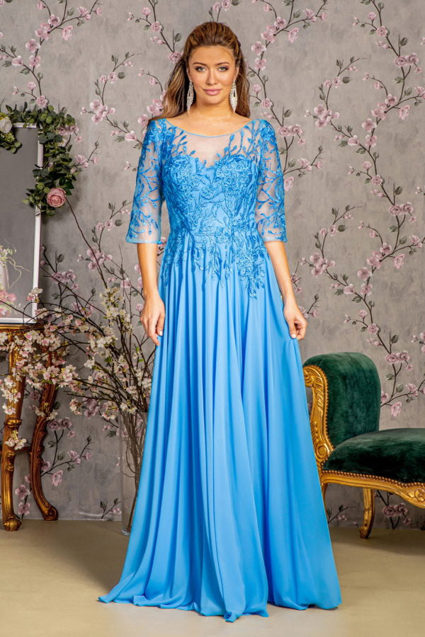 Bead Embroidery Chiffon A-Line Gown – Sheer Neckline & V-Back