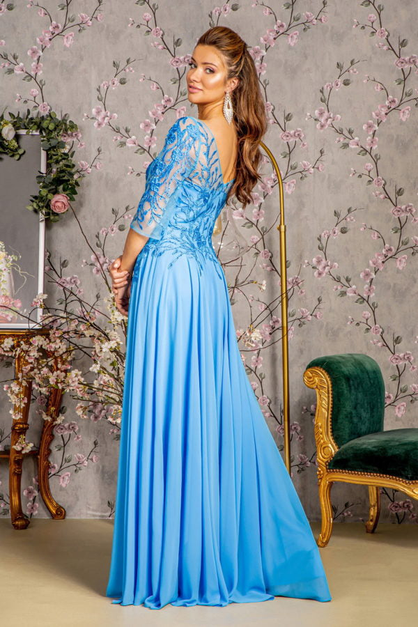 Bead Embroidery Chiffon A-Line Gown – Sheer Neckline & V-Back